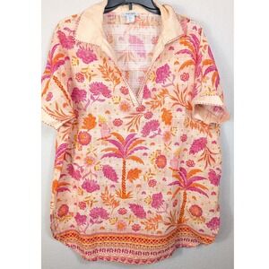 Haute Hippie Womens Large Floral Print Tunic Top Blouse‎ Shirt Pink Hawaiian